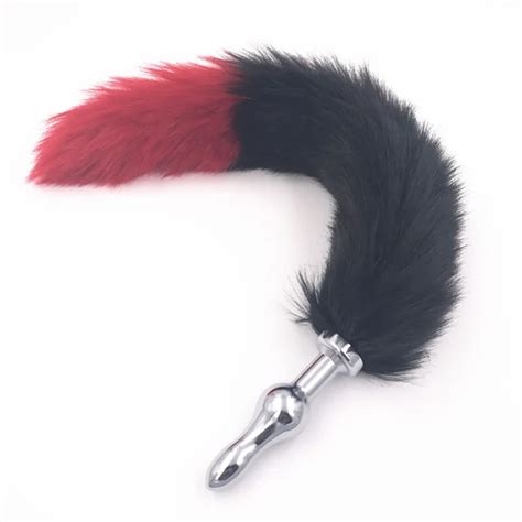 Anal Plug Fox Tail Butt Stopper Stainless Steel Anus Dilator Bead Red Black Faux Fox Tail Anal