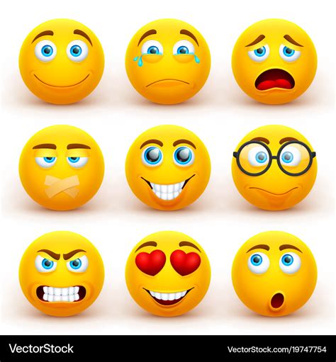 Yellow 3d Emoticons Set Funny Smiley Face Vector Image