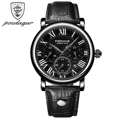 Black Black_Men Watch Chronograph Leather Quartz Watches Waterproof ...