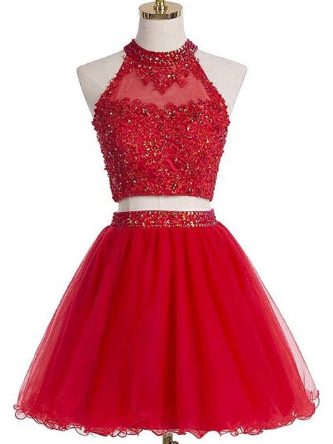 Two Piece Red Homecoming Dresses A Line Beading Short Prom Dress Sexy