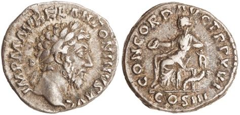 Denarius Marcus Aurelius Concord Avg Tr P Xvi Cos Iii Concordia And