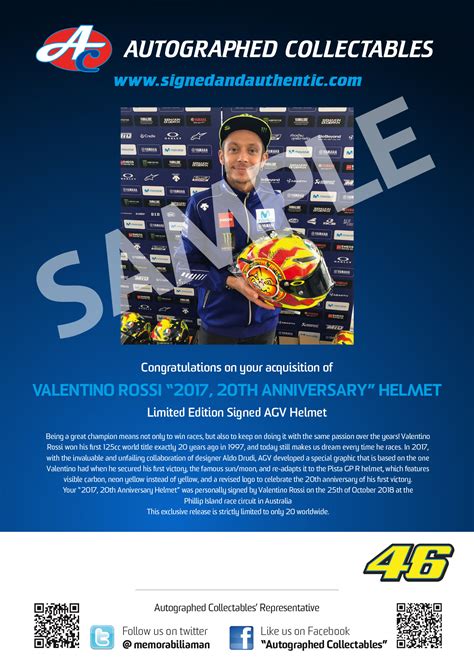 Valentino Rossi 20th Anniversary AGV Helmet - Autographed Collectables