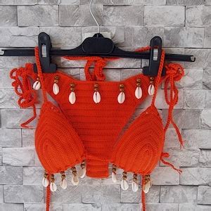 Crochet Bikini Set Orange Bikini Color 37 Sea Shells Bikini Women Swimwear Shell Necklace