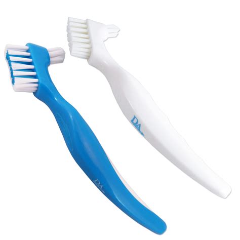 Denture Brush Set Blue White Easy Grip Handle Double Bristle Head