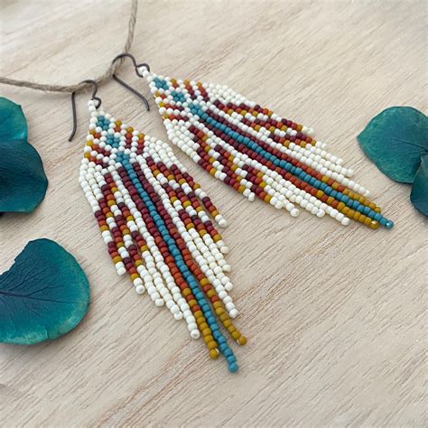 Light Fall Feather Seed Bead Fringe Earrings Etsy Beaded Earrings