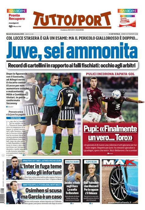 Prima Pagina Tuttosport “juve Sei Ammonita” Pianeta Milan