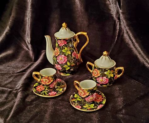 Porcelain Miniature Tea Set 8 Pc Beautiful Black Backround Hand Painted ...