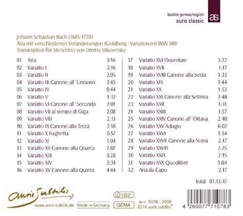 Johann Sebastian Bach Goldberg Variationen BWV 988 für Streichtrio CD