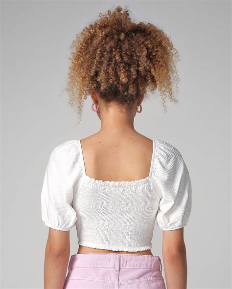 Riachuelo Blusa Cropped Feminina Manga Bufante Lastex Branco Pool By