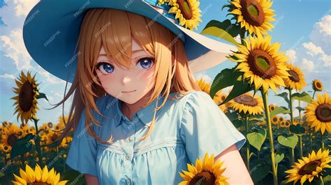 Premium AI Image | Anime girl and sunflower field for wallpaper