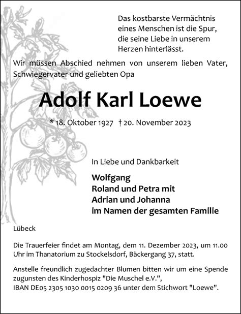 Traueranzeigen Von Adolf Karl Loewe Trauer Anzeigen De