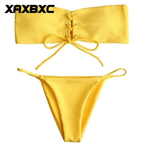 Xaxbxc 2018 Summer Solid Cross Bandage Strapless Thongs Two Piece Padded Sexy Bikini Set