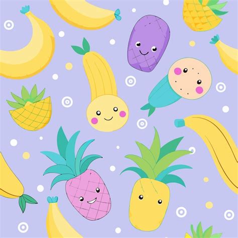 Seamless Pattern With Cute Cartoon Bananas Pineapples And Other Fruits