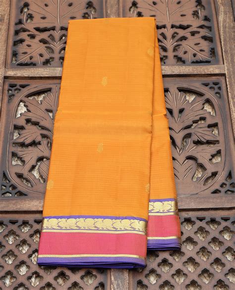 Orange Kancheepuram Silksaree With Zari Buttas Contrast Rettai Pettu