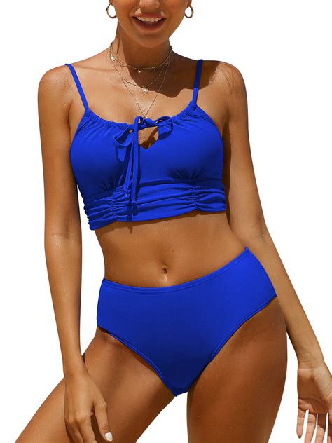 Alove Women Middle Waisted Bikini Set Bandaged Rushed Swimsuits Sexy