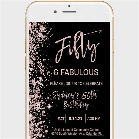 Electronic Birthday Invitation Template For Women 50 And Fabulous Black And Rose Gold Email