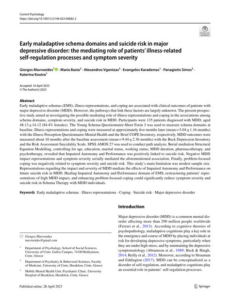 Pdf Early Maladaptive Schema Domains And Suicide Risk In Major Depressive Disorder The