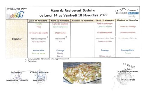 Menu Du Restaurant Scolaire Semaine Du 14 Au 18 Novembre 2022