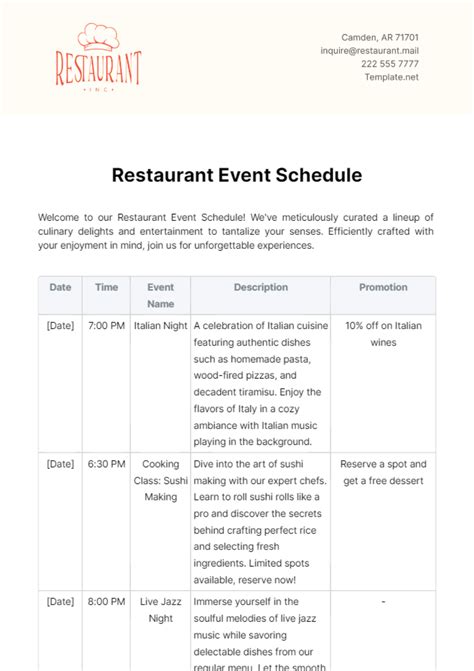 Free Restaurant Event Schedule Template to Edit Online