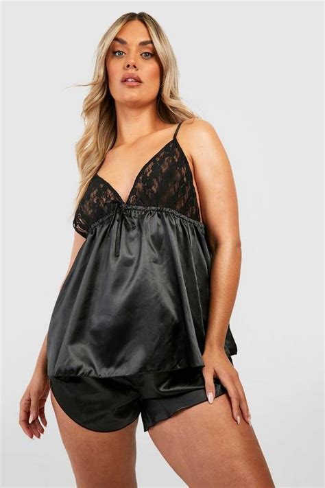 Plus Satin And Lace Teddy Top And Shorts Pyjama Set Boohoo Uk