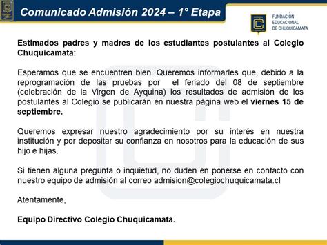 Comunicado Admisi N Etapa Colegio Chuquicamata