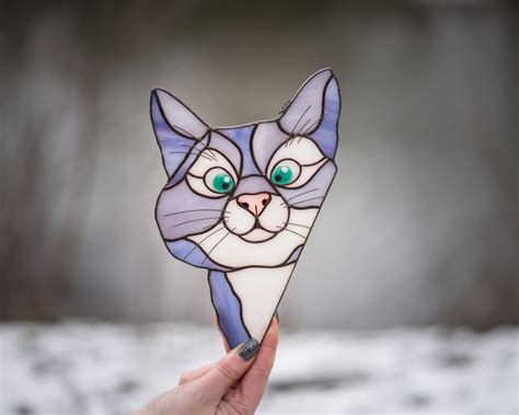 Peeking Cat Stained Glass Suncatcher Cat Lover T Stained Etsy