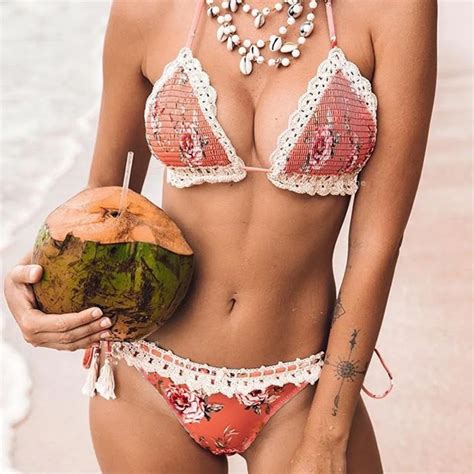 Lady Summer Strappy Floral Crochet Bikini Set Two Piece Micro Swimwear