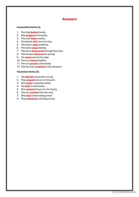 Transitive Or Intransitive Verbs Gen English Esl Worksheets Pdf And Doc