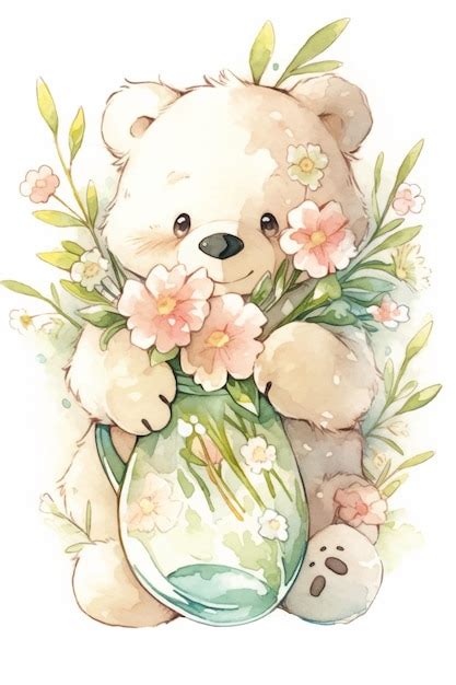 Une Illustration L Aquarelle D Un Ours En Peluche Tenant Un Vase De