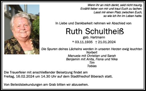 Traueranzeigen Von Ruth Schulthei Schwaebische De Trauerportal