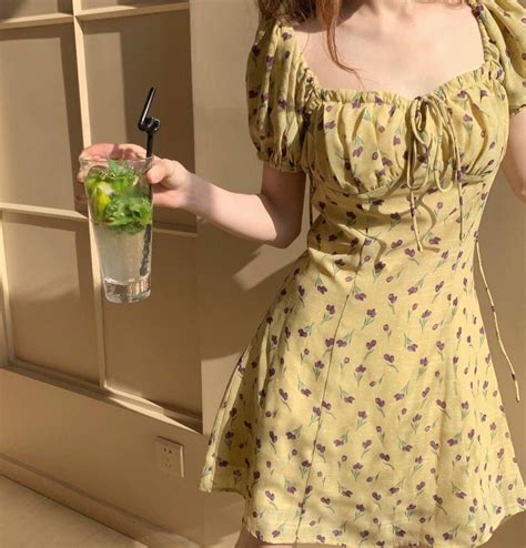 Yellow Floral Mini Dress Hanart Store In 2021 Korean Fashion