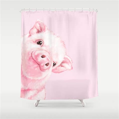 Sneaky Baby Pink Pig Shower Curtain by Big Nose Work | Society6