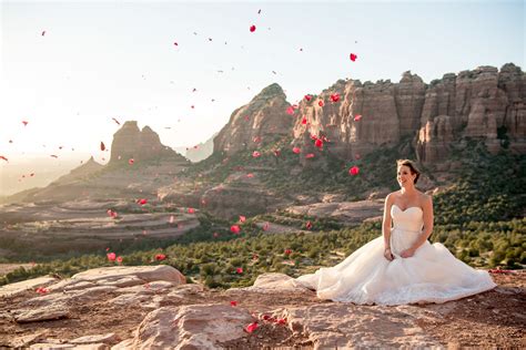 bridal-portrait-wedding-sedona-merry-go-round-rock-sunset-flower-toss ...