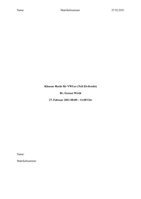ZHR Öffentliches recht Klausur Recht für VWLer Teil Zivilrecht Dr