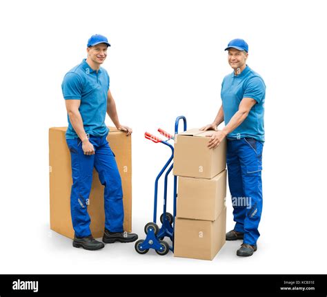 Two Courier Men Standing With Cardboard Boxes On White Background Stock