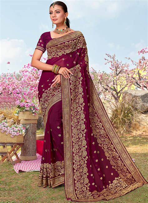 Buy Wine Faux Georgette Embroidered Saree Party Wear Online At Best