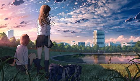 HD wallpaper: anime girls, park, landscape, scenic, clouds, sunset, school uniform | Wallpaper Flare