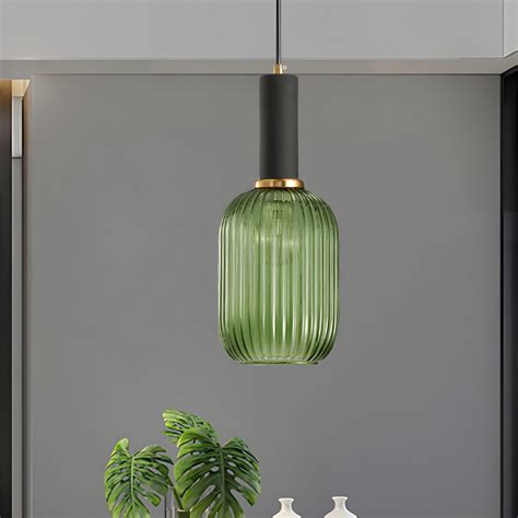 Gold Oval Pendant Lamp Modernist 1 Light Green Ribbed Glass Ceiling