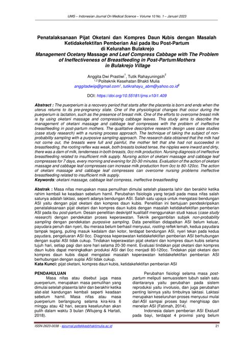 Pdf Penatalaksanaan Pijat Oketani Dan Kompres Daun Kubis Dengan Masalah Ketidakefektifan