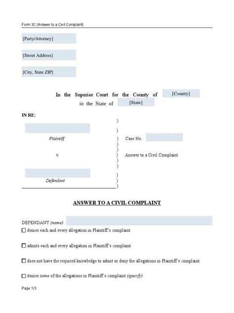 Answer Civil Complaint Form 3c Pdf