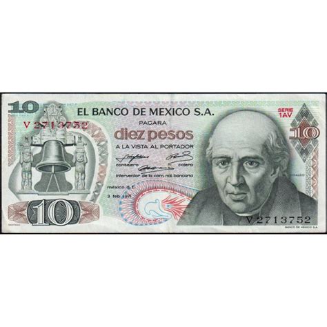 Mexique Pick 63d 2 10 pesos Série 1AV Préfixe V 03 02 1971