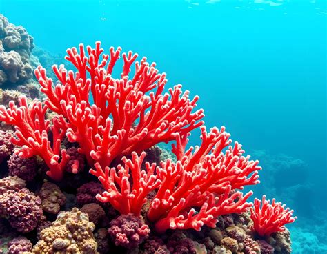 vibrant red coral reef underwater scene  clear blue ocean water