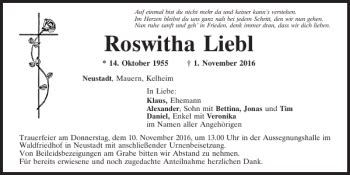 Traueranzeigen Von Roswitha Liebl Mittelbayerische Trauer