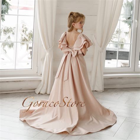 Nude Flower Girl Dress Ivory Flower Girl Dress Bow Flower Girl Dress Detachable Train Girl