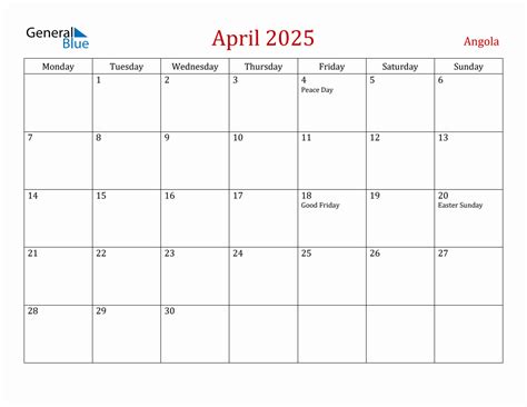 April 2025 Angola Monthly Calendar With Holidays