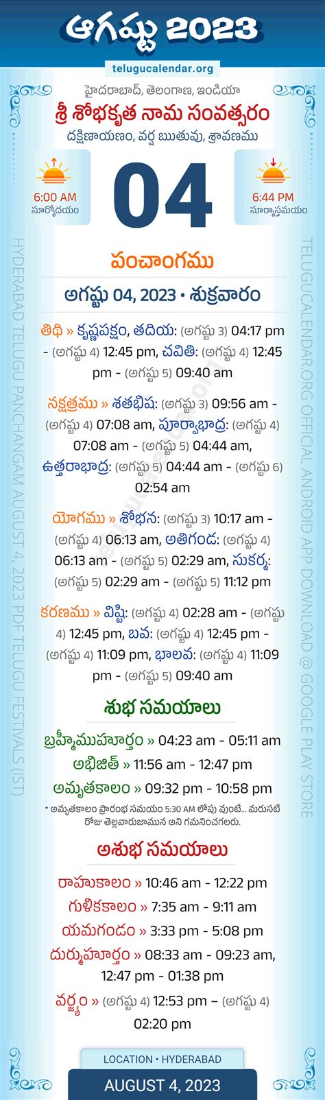 Telangana Panchangam August 4 2023 Telugu Calendar Daily