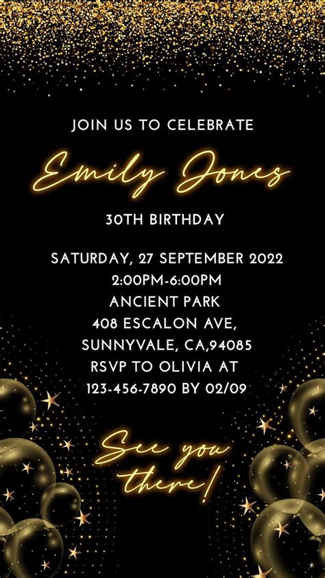 Black And Gold Balloons Birthday Invitation Video Invitation Any Age