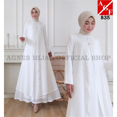 Jual Agnes Hijab Asahy Dress Gamis Putih Wanita Abaya Brukat Baju