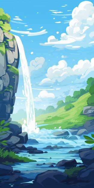 Cartoony Waterfall Illustration With Detailed Skies And Brushwork Exploration | Premium AI ...