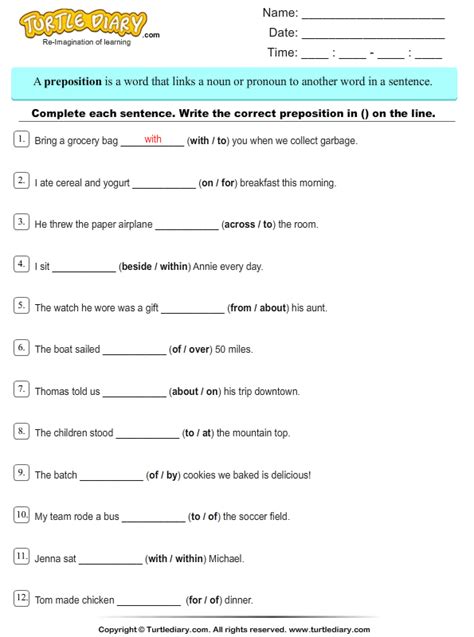 Preposition Fill In The Blanks Worksheets